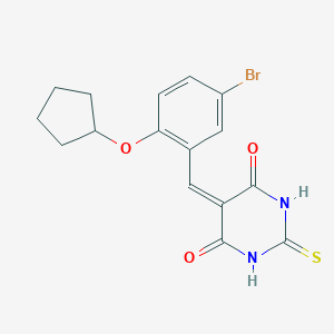 molecular formula C16H15BrN2O3S B316047 5-[5-bromo-2-(cyclopentyloxy)benzylidene]-2-thioxodihydro-4,6(1H,5H)-pyrimidinedione 