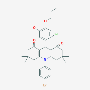 molecular formula C33H37BrClNO4 B316054 10-(4-bromophenyl)-9-(2-chloro-5-methoxy-4-propoxyphenyl)-3,3,6,6-tetramethyl-3,4,6,7,9,10-hexahydro-1,8(2H,5H)-acridinedione 
