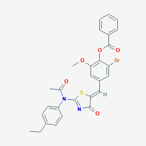molecular formula C28H23BrN2O5S B316060 4-[(2-(acetyl-4-ethylanilino)-4-oxo-1,3-thiazol-5(4H)-ylidene)methyl]-2-bromo-6-methoxyphenyl benzoate 