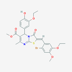 molecular formula C27H27BrN2O7S B316069 methyl 2-(2-bromo-5-ethoxy-4-methoxybenzylidene)-5-(3-ethoxy-4-hydroxyphenyl)-7-methyl-3-oxo-2,3-dihydro-5H-[1,3]thiazolo[3,2-a]pyrimidine-6-carboxylate 