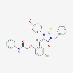 molecular formula C32H26BrN3O4S B316073 2-(2-{[1-benzyl-3-(4-methoxyphenyl)-5-oxo-2-thioxo-4-imidazolidinylidene]methyl}-4-bromophenoxy)-N-phenylacetamide 