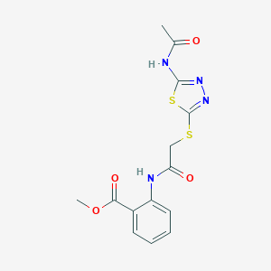 molecular formula C14H14N4O4S2 B316075 Methyl 2-[({[5-(acetylamino)-1,3,4-thiadiazol-2-yl]sulfanyl}acetyl)amino]benzoate 