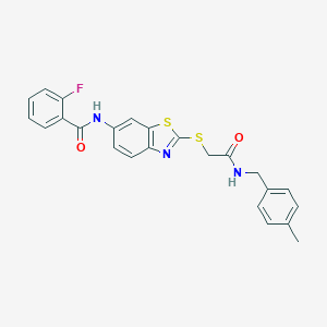 molecular formula C24H20FN3O2S2 B316078 2-fluoro-N-[2-({2-[(4-methylbenzyl)amino]-2-oxoethyl}sulfanyl)-1,3-benzothiazol-6-yl]benzamide 