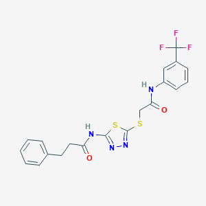 molecular formula C20H17F3N4O2S2 B316085 N-{5-[(2-oxo-2-{[3-(trifluoromethyl)phenyl]amino}ethyl)sulfanyl]-1,3,4-thiadiazol-2-yl}-3-phenylpropanamide 