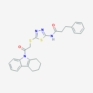 molecular formula C25H24N4O2S2 B316087 N-(5-{[2-oxo-2-(1,2,3,4-tetrahydro-9H-carbazol-9-yl)ethyl]sulfanyl}-1,3,4-thiadiazol-2-yl)-3-phenylpropanamide 