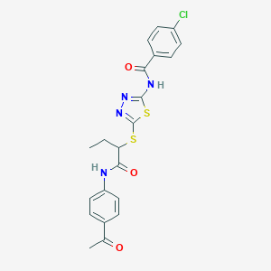 molecular formula C21H19ClN4O3S2 B316090 N-[5-({1-[(4-acetylphenyl)amino]-1-oxobutan-2-yl}sulfanyl)-1,3,4-thiadiazol-2-yl]-4-chlorobenzamide 