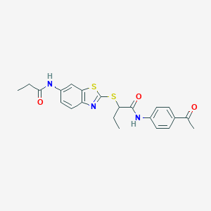 molecular formula C22H23N3O3S2 B316123 N-(4-acetylphenyl)-2-[[6-(propanoylamino)-1,3-benzothiazol-2-yl]sulfanyl]butanamide 