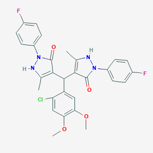 molecular formula C29H25ClF2N4O4 B316238 4-{(2-chloro-4,5-dimethoxyphenyl)[1-(4-fluorophenyl)-5-hydroxy-3-methyl-1H-pyrazol-4-yl]methyl}-2-(4-fluorophenyl)-5-methyl-1,2-dihydro-3H-pyrazol-3-one 