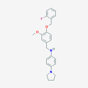 molecular formula C25H27FN2O2 B316292 N-{4-[(2-fluorobenzyl)oxy]-3-methoxybenzyl}-4-(1-pyrrolidinyl)aniline 