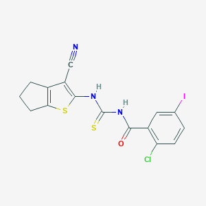 molecular formula C16H11ClIN3OS2 B316504 2-chloro-N-[(3-cyano-5,6-dihydro-4H-cyclopenta[b]thiophen-2-yl)carbamothioyl]-5-iodobenzamide 
