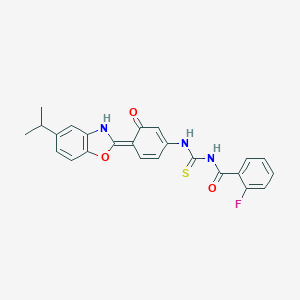 molecular formula C24H20FN3O3S B316553 2-fluoro-N-[[(4E)-3-oxo-4-(5-propan-2-yl-3H-1,3-benzoxazol-2-ylidene)cyclohexa-1,5-dien-1-yl]carbamothioyl]benzamide 
