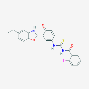molecular formula C24H20IN3O3S B316562 2-iodo-N-[[(3E)-4-oxo-3-(5-propan-2-yl-3H-1,3-benzoxazol-2-ylidene)cyclohexa-1,5-dien-1-yl]carbamothioyl]benzamide 