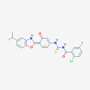 molecular formula C24H19ClIN3O3S B316563 2-chloro-5-iodo-N-[[(4E)-3-oxo-4-(5-propan-2-yl-3H-1,3-benzoxazol-2-ylidene)cyclohexa-1,5-dien-1-yl]carbamothioyl]benzamide 