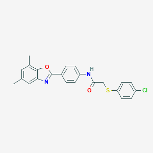 molecular formula C23H19ClN2O2S B316677 2-[(4-chlorophenyl)sulfanyl]-N-[4-(5,7-dimethyl-1,3-benzoxazol-2-yl)phenyl]acetamide 