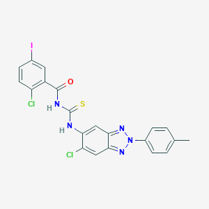 molecular formula C21H14Cl2IN5OS B316729 2-chloro-N-{[6-chloro-2-(4-methylphenyl)-2H-benzotriazol-5-yl]carbamothioyl}-5-iodobenzamide 