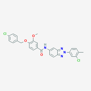 molecular formula C28H22Cl2N4O3 B316747 4-[(4-chlorobenzyl)oxy]-N-[2-(3-chloro-4-methylphenyl)-2H-benzotriazol-5-yl]-3-methoxybenzamide 