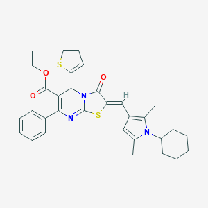 molecular formula C32H33N3O3S2 B316800 ethyl 2-[(1-cyclohexyl-2,5-dimethyl-1H-pyrrol-3-yl)methylene]-3-oxo-7-phenyl-5-(2-thienyl)-2,3-dihydro-5H-[1,3]thiazolo[3,2-a]pyrimidine-6-carboxylate 