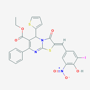 molecular formula C26H18IN3O6S2 B316806 ethyl 2-{4-hydroxy-3-nitro-5-iodobenzylidene}-3-oxo-7-phenyl-5-(2-thienyl)-2,3-dihydro-5H-[1,3]thiazolo[3,2-a]pyrimidine-6-carboxylate 