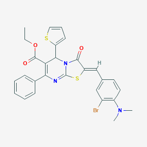 molecular formula C28H24BrN3O3S2 B316807 ethyl 2-[3-bromo-4-(dimethylamino)benzylidene]-3-oxo-7-phenyl-5-(2-thienyl)-2,3-dihydro-5H-[1,3]thiazolo[3,2-a]pyrimidine-6-carboxylate 