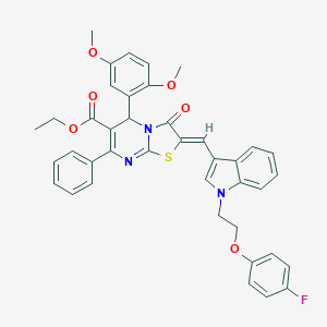 molecular formula C40H34FN3O6S B316808 ethyl 5-(2,5-dimethoxyphenyl)-2-({1-[2-(4-fluorophenoxy)ethyl]-1H-indol-3-yl}methylene)-3-oxo-7-phenyl-2,3-dihydro-5H-[1,3]thiazolo[3,2-a]pyrimidine-6-carboxylate 