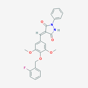 molecular formula C25H21FN2O5 B316886 4-{4-[(2-Fluorobenzyl)oxy]-3,5-dimethoxybenzylidene}-1-phenyl-3,5-pyrazolidinedione 