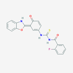 molecular formula C21H14FN3O3S B316888 N-[[(3E)-3-(3H-1,3-benzoxazol-2-ylidene)-4-oxocyclohexa-1,5-dien-1-yl]carbamothioyl]-2-fluorobenzamide 