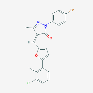 molecular formula C22H16BrClN2O2 B316909 2-(4-bromophenyl)-4-{[5-(3-chloro-2-methylphenyl)-2-furyl]methylene}-5-methyl-2,4-dihydro-3H-pyrazol-3-one 