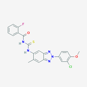 molecular formula C22H17ClFN5O2S B316935 N-[2-(3-chloro-4-methoxyphenyl)-6-methyl-2H-1,2,3-benzotriazol-5-yl]-N'-(2-fluorobenzoyl)thiourea 