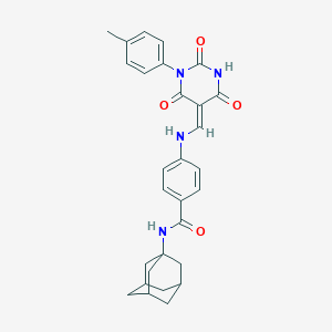 molecular formula C29H30N4O4 B316948 N-(1-adamantyl)-4-[[(Z)-[1-(4-methylphenyl)-2,4,6-trioxo-1,3-diazinan-5-ylidene]methyl]amino]benzamide 