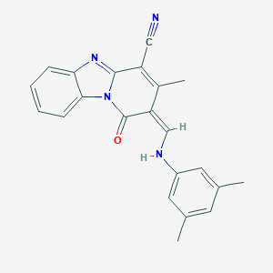 molecular formula C22H18N4O B317077 2-{(E)-[(3,5-dimethylphenyl)imino]methyl}-1-hydroxy-3-methylpyrido[1,2-a]benzimidazole-4-carbonitrile 