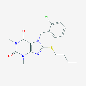 molecular formula C18H21ClN4O2S B317079 8-(butylsulfanyl)-7-(2-chlorobenzyl)-1,3-dimethyl-3,7-dihydro-1H-purine-2,6-dione 