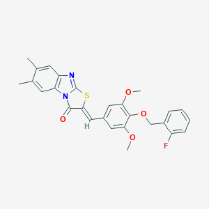 molecular formula C27H23FN2O4S B317080 2-{4-[(2-fluorobenzyl)oxy]-3,5-dimethoxybenzylidene}-6,7-dimethyl[1,3]thiazolo[3,2-a]benzimidazol-3(2H)-one 