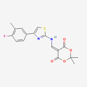 molecular formula C17H15FN2O4S B3170948 5-({[4-(4-Fluoro-3-methylphenyl)-1,3-thiazol-2-yl]amino}methylidene)-2,2-dimethyl-1,3-dioxane-4,6-dione CAS No. 946386-70-5