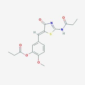 molecular formula C17H18N2O5S B317131 2-Methoxy-5-{[4-oxo-2-(propionylimino)-1,3-thiazolidin-5-ylidene]methyl}phenyl propionate 