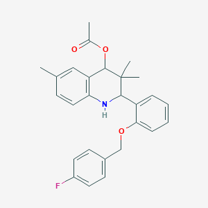 molecular formula C27H28FNO3 B317230 2-{2-[(4-Fluorobenzyl)oxy]phenyl}-3,3,6-trimethyl-1,2,3,4-tetrahydro-4-quinolinyl acetate 