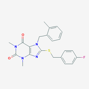 molecular formula C22H21FN4O2S B317250 8-[(4-fluorobenzyl)sulfanyl]-1,3-dimethyl-7-(2-methylbenzyl)-3,7-dihydro-1H-purine-2,6-dione 