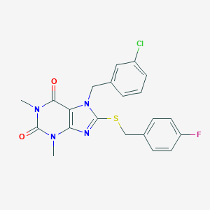 molecular formula C21H18ClFN4O2S B317281 7-(3-chlorobenzyl)-8-[(4-fluorobenzyl)sulfanyl]-1,3-dimethyl-3,7-dihydro-1H-purine-2,6-dione 