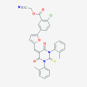 molecular formula C32H22ClN3O5S B317353 cyanomethyl 5-{5-[(1,3-bis(2-methylphenyl)-4,6-dioxo-2-thioxotetrahydro-5(2H)-pyrimidinylidene)methyl]-2-furyl}-2-chlorobenzoate 