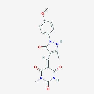 molecular formula C17H16N4O5 B317377 (5E)-5-[[2-(4-methoxyphenyl)-5-methyl-3-oxo-1H-pyrazol-4-yl]methylidene]-1-methyl-1,3-diazinane-2,4,6-trione 