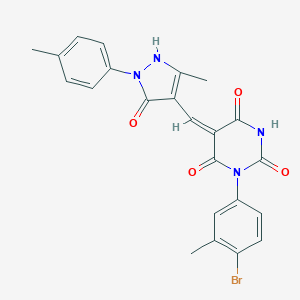 molecular formula C23H19BrN4O4 B317378 (5E)-1-(4-bromo-3-methylphenyl)-5-[[5-methyl-2-(4-methylphenyl)-3-oxo-1H-pyrazol-4-yl]methylidene]-1,3-diazinane-2,4,6-trione 