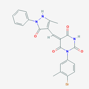 molecular formula C22H17BrN4O4 B317379 (5E)-1-(4-bromo-3-methylphenyl)-5-[(5-methyl-3-oxo-2-phenyl-1H-pyrazol-4-yl)methylidene]-1,3-diazinane-2,4,6-trione 
