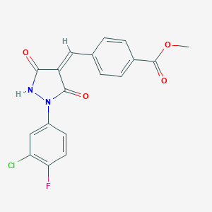 molecular formula C18H12ClFN2O4 B317385 Methyl 4-{[1-(3-chloro-4-fluorophenyl)-3,5-dioxo-4-pyrazolidinylidene]methyl}benzoate 