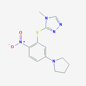 molecular formula C13H15N5O2S B317424 2-(4-Methyl(1,2,4-triazol-3-ylthio))-1-nitro-4-pyrrolidinylbenzene 