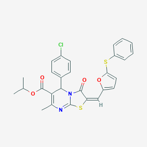 molecular formula C28H23ClN2O4S2 B317425 isopropyl 5-(4-chlorophenyl)-7-methyl-3-oxo-2-{[5-(phenylsulfanyl)-2-furyl]methylene}-2,3-dihydro-5H-[1,3]thiazolo[3,2-a]pyrimidine-6-carboxylate 