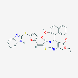 molecular formula C33H26N4O5S2 B317431 ethyl 2-{[5-(1H-benzimidazol-2-ylsulfanyl)-2-furyl]methylene}-5-(2-methoxy-1-naphthyl)-7-methyl-3-oxo-2,3-dihydro-5H-[1,3]thiazolo[3,2-a]pyrimidine-6-carboxylate 
