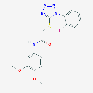 molecular formula C17H16FN5O3S B317470 N-(3,4-dimethoxyphenyl)-2-{[1-(2-fluorophenyl)-1H-tetraazol-5-yl]sulfanyl}acetamide 