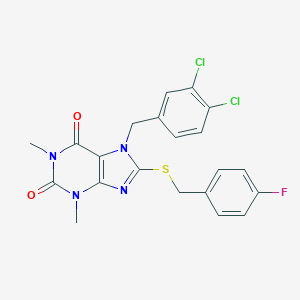 molecular formula C21H17Cl2FN4O2S B317471 7-(3,4-dichlorobenzyl)-8-[(4-fluorobenzyl)sulfanyl]-1,3-dimethyl-3,7-dihydro-1H-purine-2,6-dione 