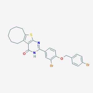 molecular formula C25H22Br2N2O2S B317489 5-[3-Bromo-4-[(4-bromophenyl)methoxy]phenyl]-8-thia-4,6-diazatricyclo[7.6.0.02,7]pentadeca-1(9),2(7),5-trien-3-one 