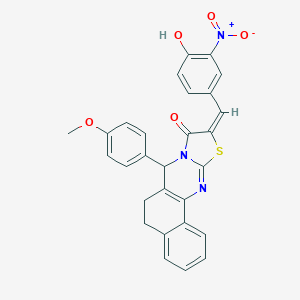 molecular formula C28H21N3O5S B317494 (14E)-14-[(4-hydroxy-3-nitrophenyl)methylidene]-11-(4-methoxyphenyl)-15-thia-12,17-diazatetracyclo[8.7.0.02,7.012,16]heptadeca-1(10),2,4,6,16-pentaen-13-one 