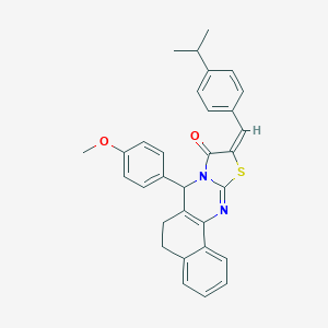 (14E)-11-(4-methoxyphenyl)-14-[(4-propan-2-ylphenyl)methylidene]-15-thia-12,17-diazatetracyclo[8.7.0.02,7.012,16]heptadeca-1(10),2,4,6,16-pentaen-13-one